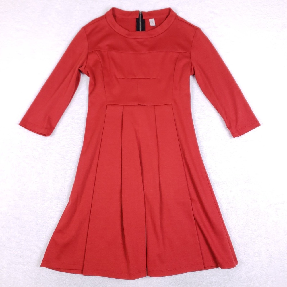 Lilac Red Fit & Flare Dress Size L 3/4 Sleeve Pleated A-Line Modest Office Chic